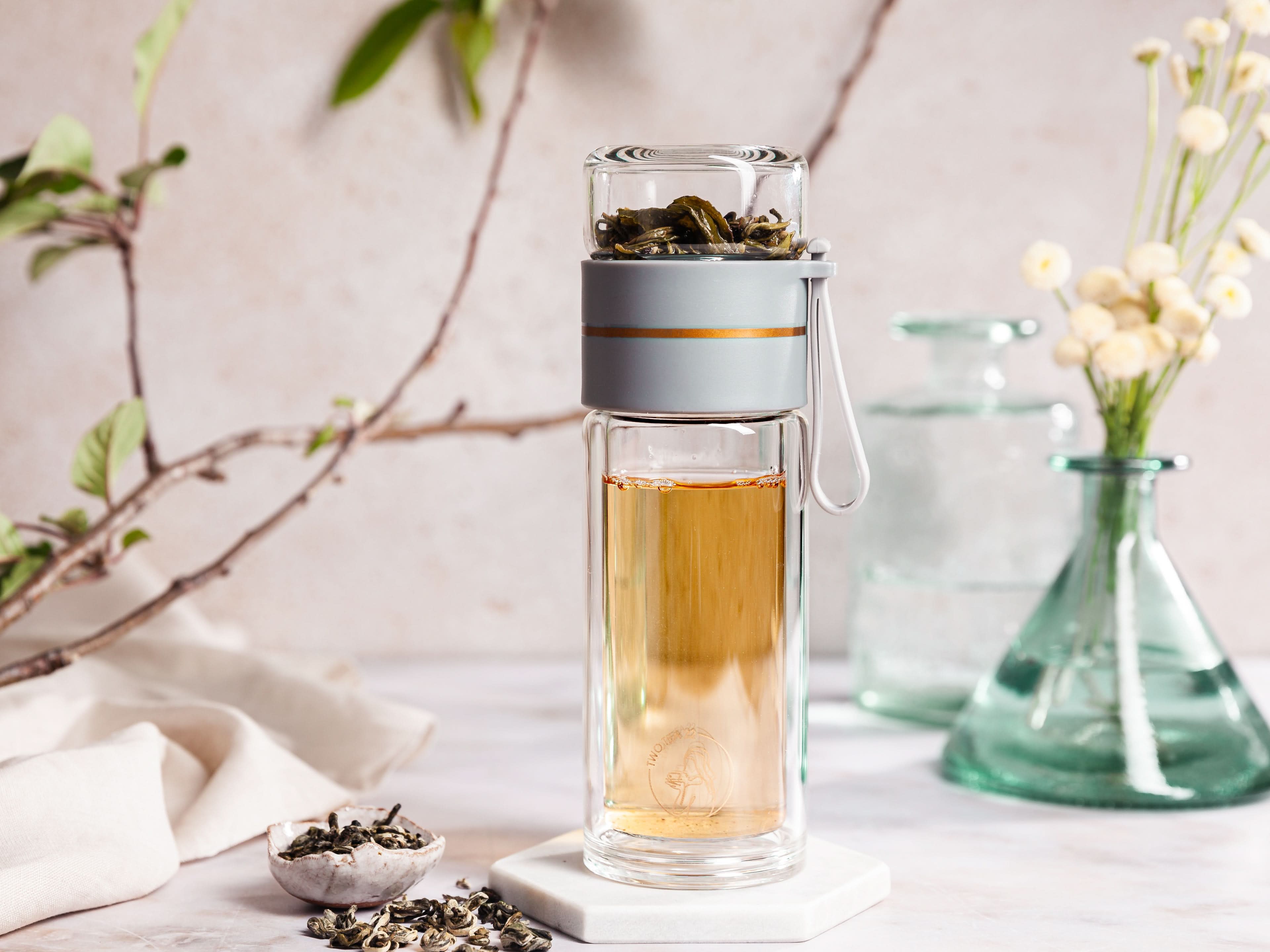 Glass Tea Tumbler Double-Wall Tea Infuser Bottle (Travel Mug | Hot & Cold Use)