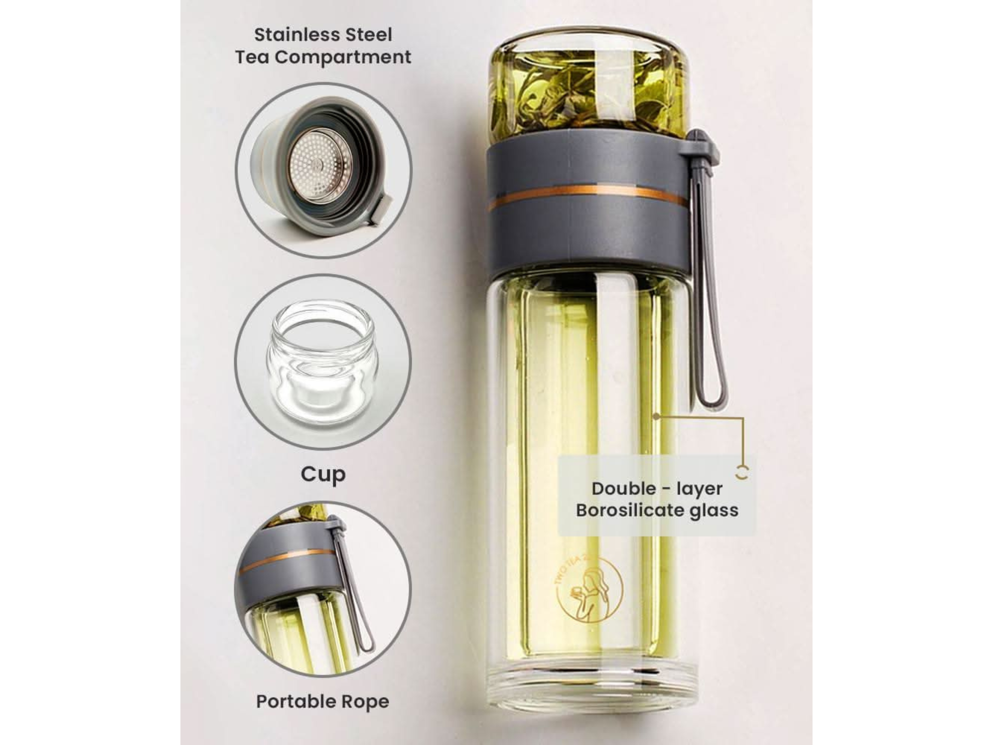 Glass Tea Tumbler Double-Wall Tea Infuser Bottle (Travel Mug | Hot & Cold Use)