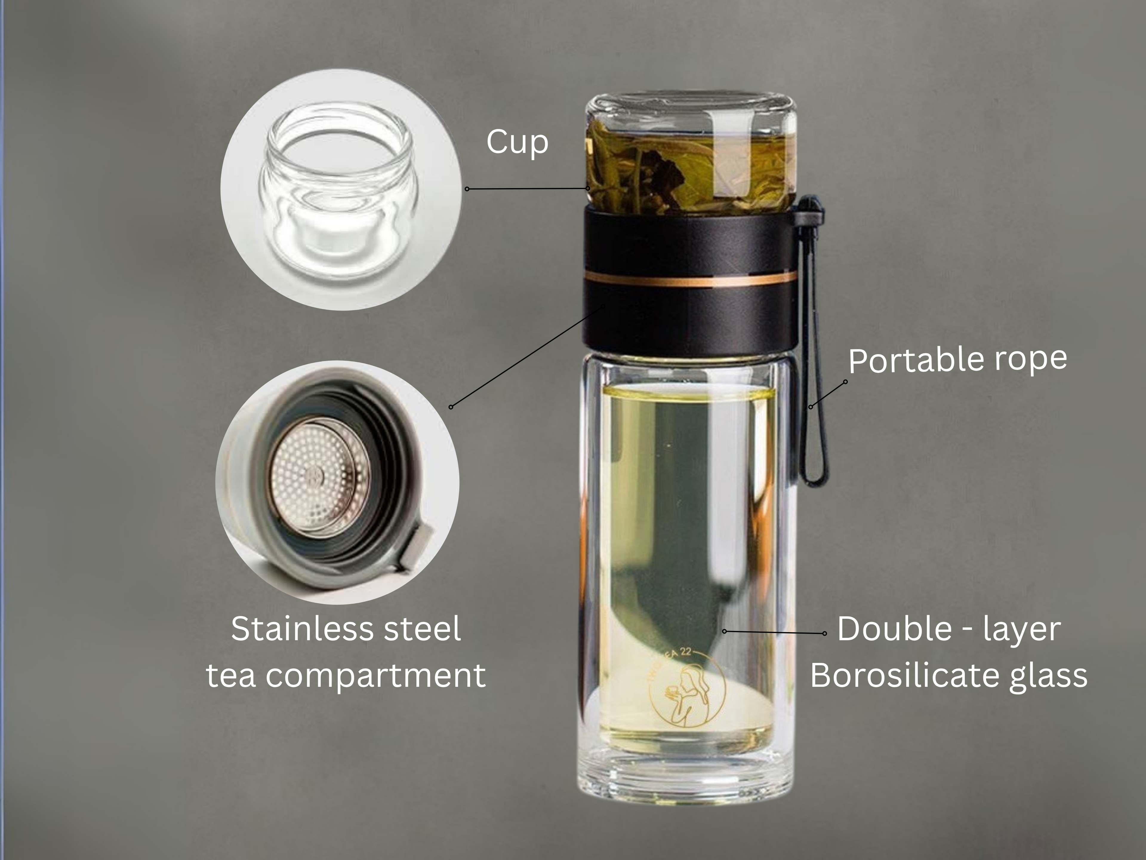Glass Tea Tumbler Double-Wall Tea Infuser Bottle (Travel Mug | Hot & Cold Use)